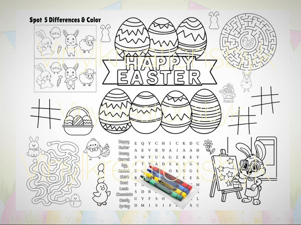 Happy Easter activity placemat with coloring eggs, maze, word search and crayons