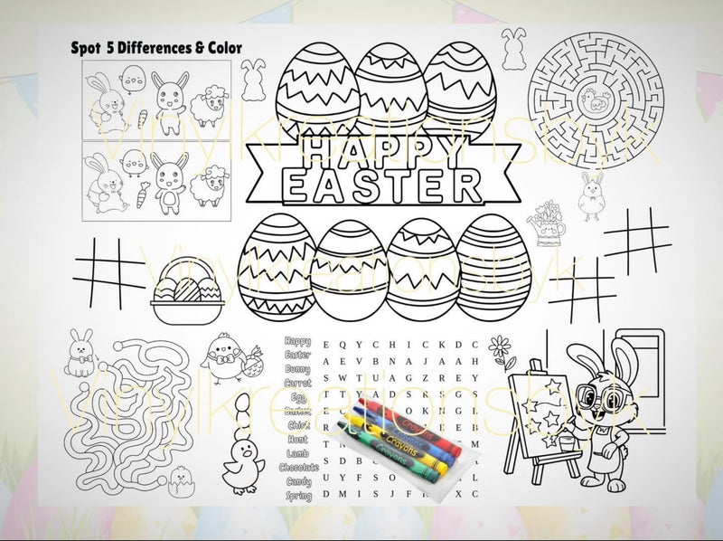 Happy Easter activity placemat with coloring eggs, maze, word search and crayons