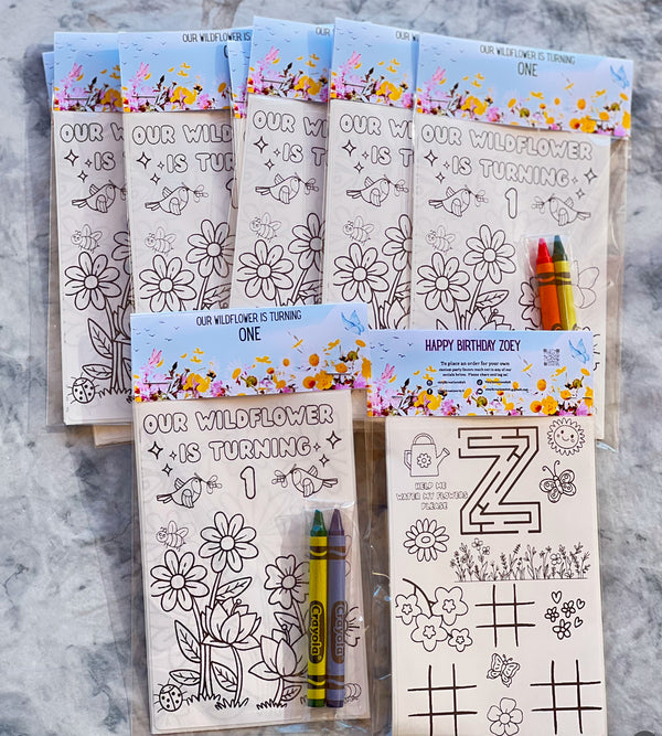 Custom coloring sticker sheets for kids birthday party with crayons