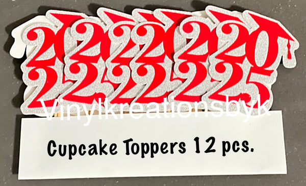 Custom 2025 cupcake toppers in red and silver glitter, 12 piece set