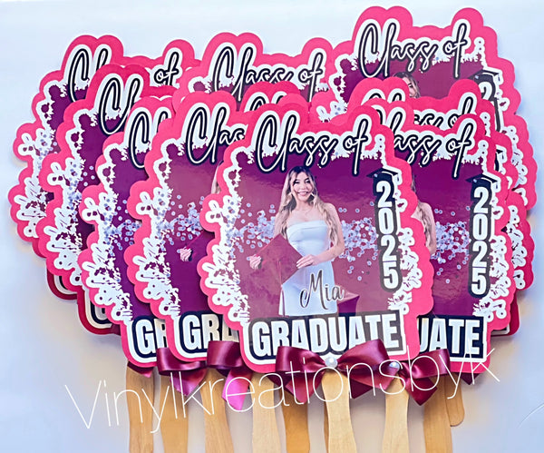 Custom graduation fans with Class of 2025 design, pink and purple with photo personalization