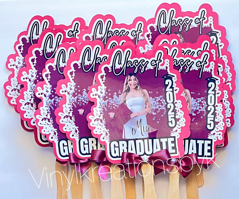 Custom graduation fans with Class of 2025 design, pink and purple with photo personalization