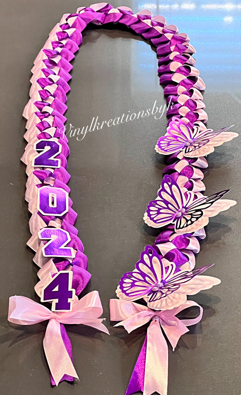 Purple and pink graduation ribbon lei with butterflies and 2024 year