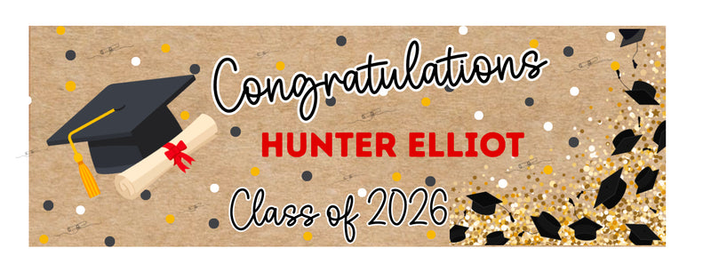 Custom congratulations graduation banner with gold glitter, class of 2026